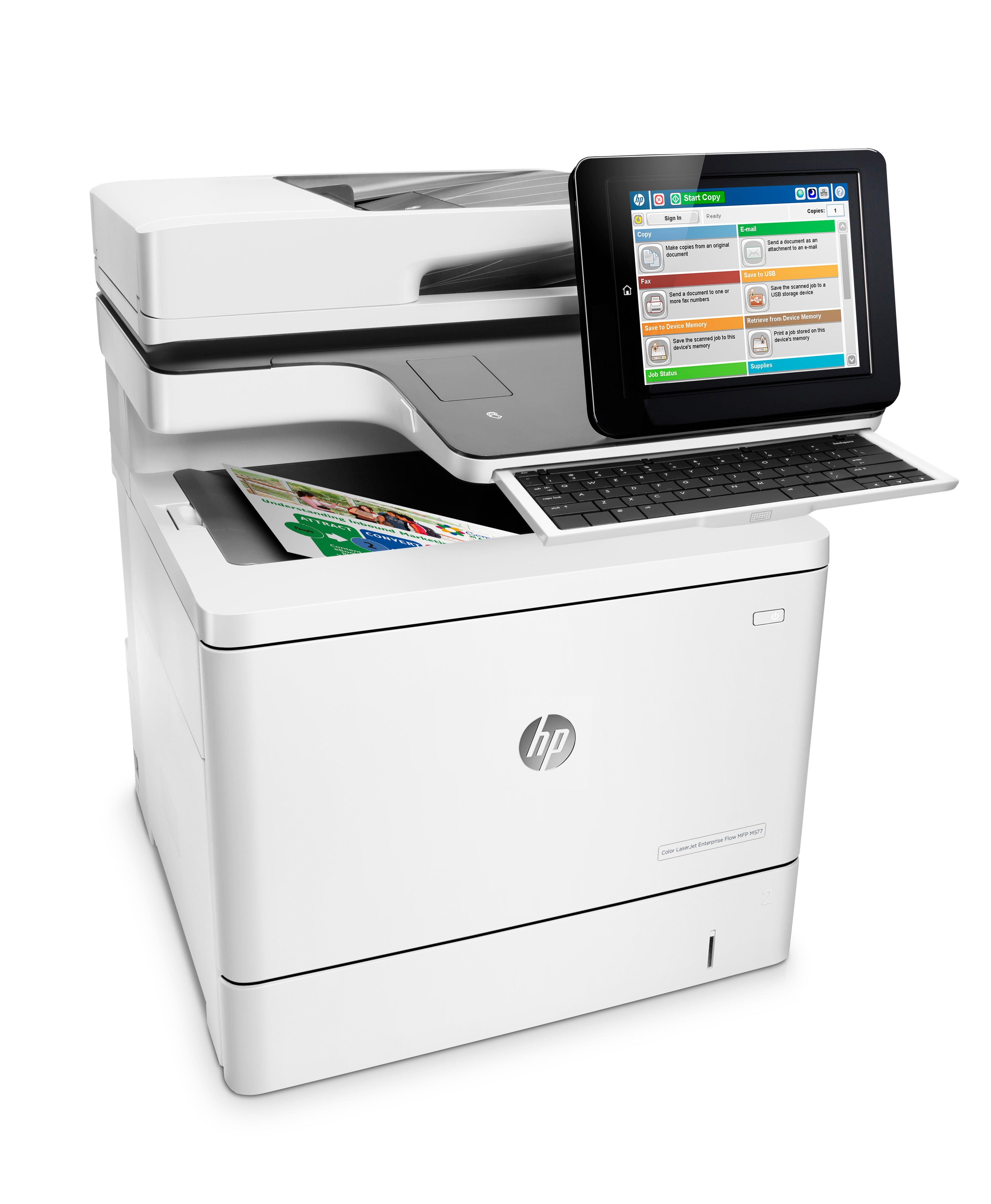 HP Color LaserJet Enterprise Flow MFP M577c, Farbe, Business-Drucker, Drucken, Kopieren, Scannen, Faxen, 100-Blatt-Zufuhrfach; Drucken über den vorderen USB-Anschluss; Scannen in E-Mail/PDF; Beidseitiger Druck